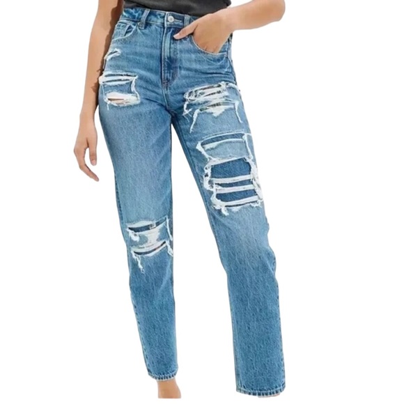 American Eagle Outfitters Denim - American Eagle Distressed Patched Plaid Mom Straight Jeans Size 12